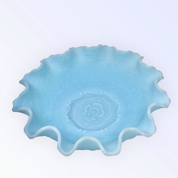 Fenton Frosted Blue Glass Bowl Vintage Floral Design Trinket Candy Dish - Picture 1 of 11